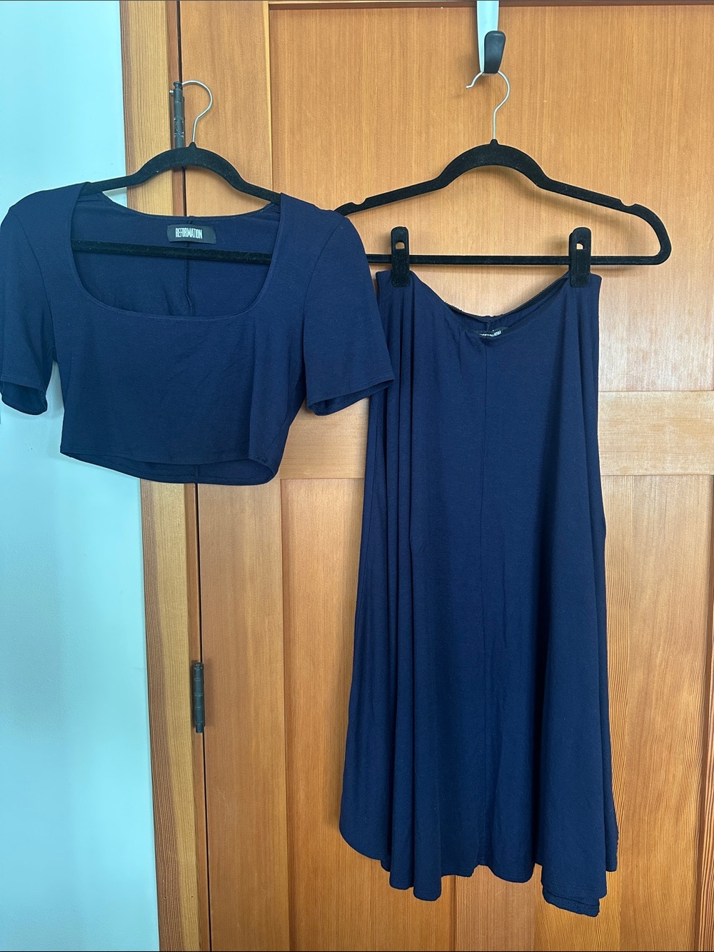 Reformation Navy Two-Piece Circle Skirt Set